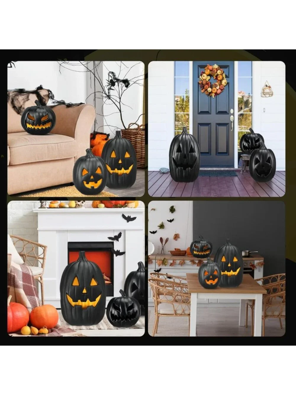3 PCS Vintage Black Jack-o'-Lantern Decor - Halloween Pumpkin Lights for Indoor